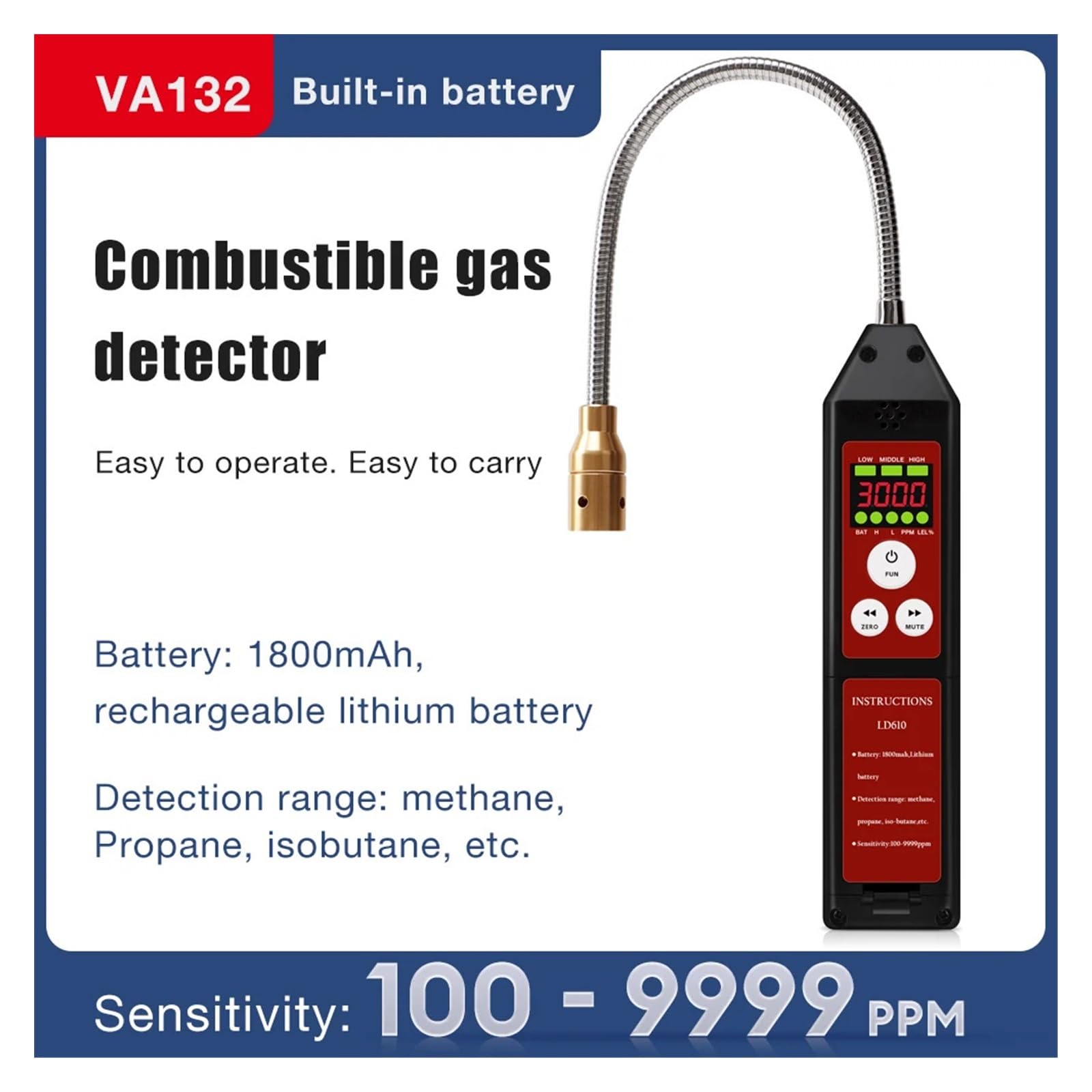 Détecteur de gaz, Détecteur de Fuite gaz Combustible Portable 100-9999 ppm, analyseur méthane Propane isobutane, Rechargeable par USB