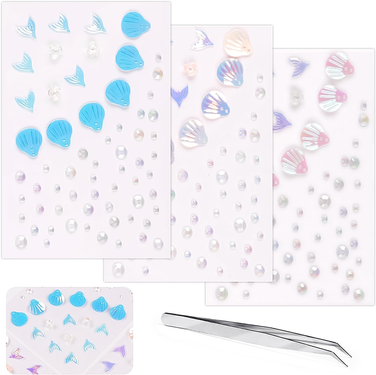 Glitter Rhinestone Tattoo Stickers for Makeup, Shell Fish Tail Flowers Face Eye Gems, Self Adhesive Face Jewelry with Ocean Color, Cute Mermaid Face Stickers, Birthday Rave Concert Party Supplies