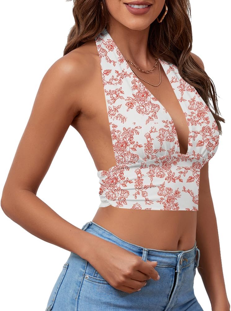 Rooscier Women's Deep V Neck Halter Tie Back Sleeveless Backless Cami Crop Top - Image 3