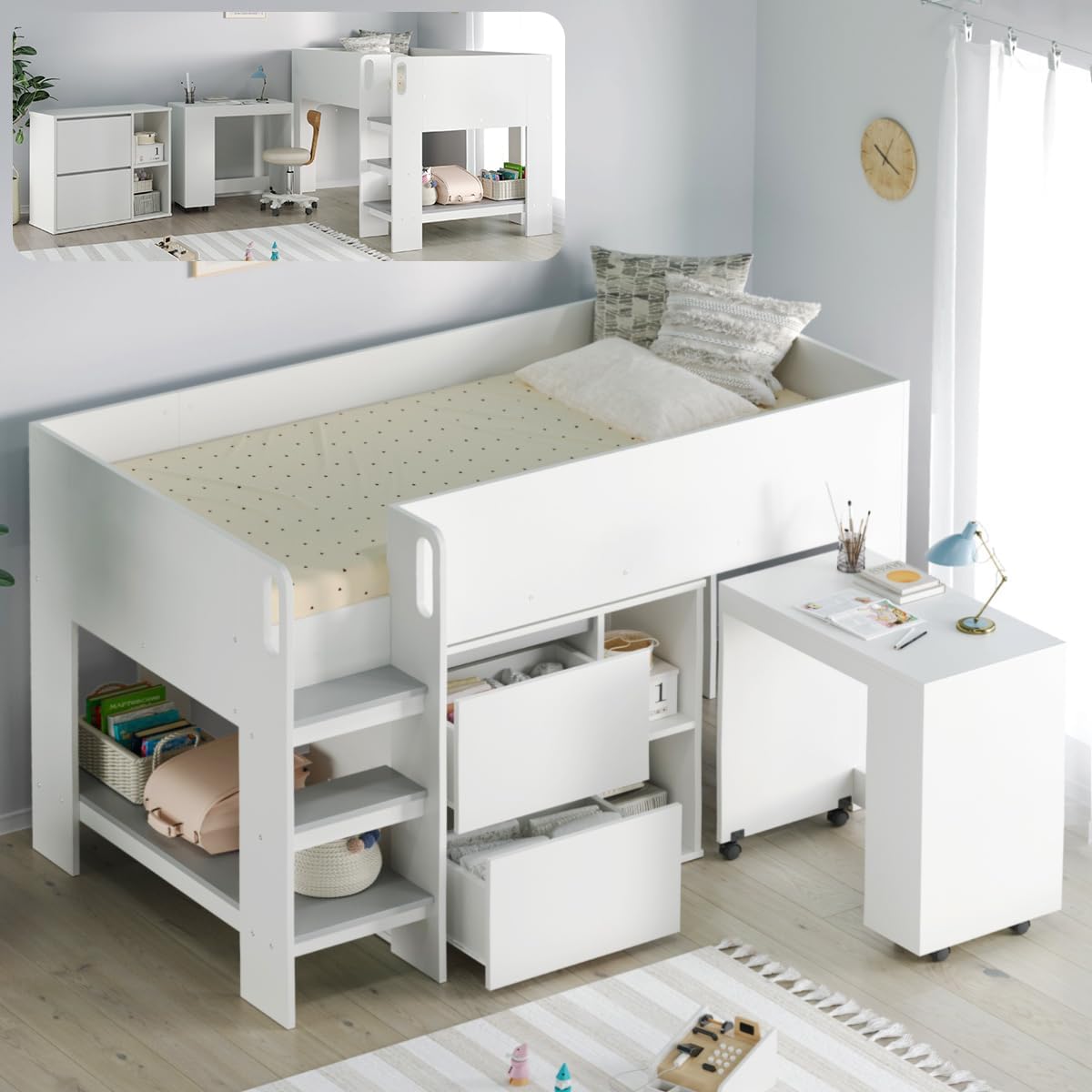 System Bed 3-Piece Set, Separable, Multifunctional, Loft Bed, Wooden, Single, Includes Stairs, Storage Shelf, Drawer, Desk, Study Desk, Storage Shelf Included, Compact, Low Type, Bed Frame
