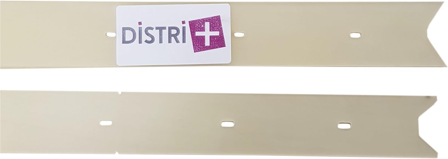 Two flat squeegee blades side-by-side, showing their full length and mounting holes, with the Distri+ logo on the top blade.