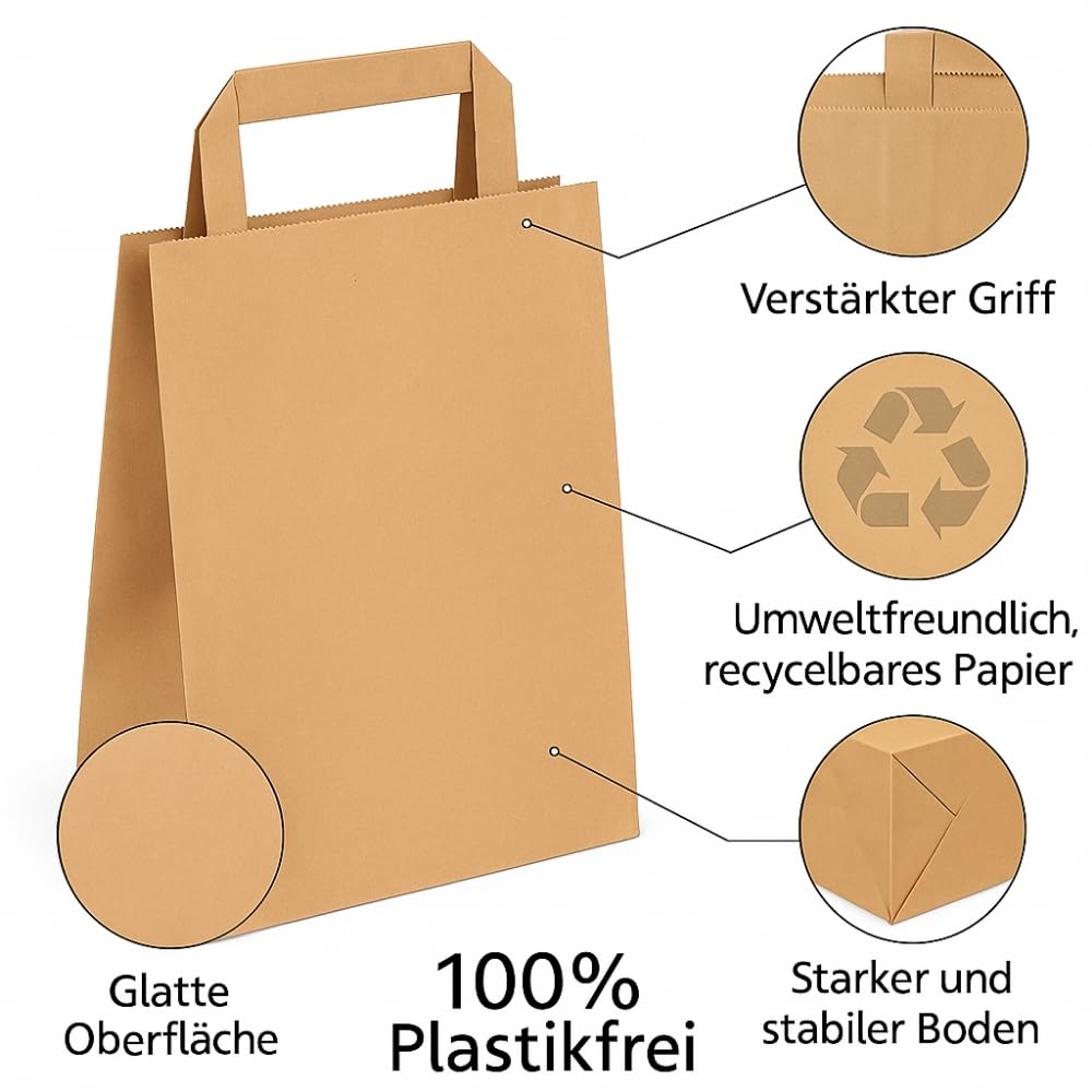 Commerline Bolsas de Papel Kraft | 32+16x44 cm, 250 Unidades, Marrón | Bolsas de Regalo | Sacos de Transporte con Asa | Sacos Reutilizables