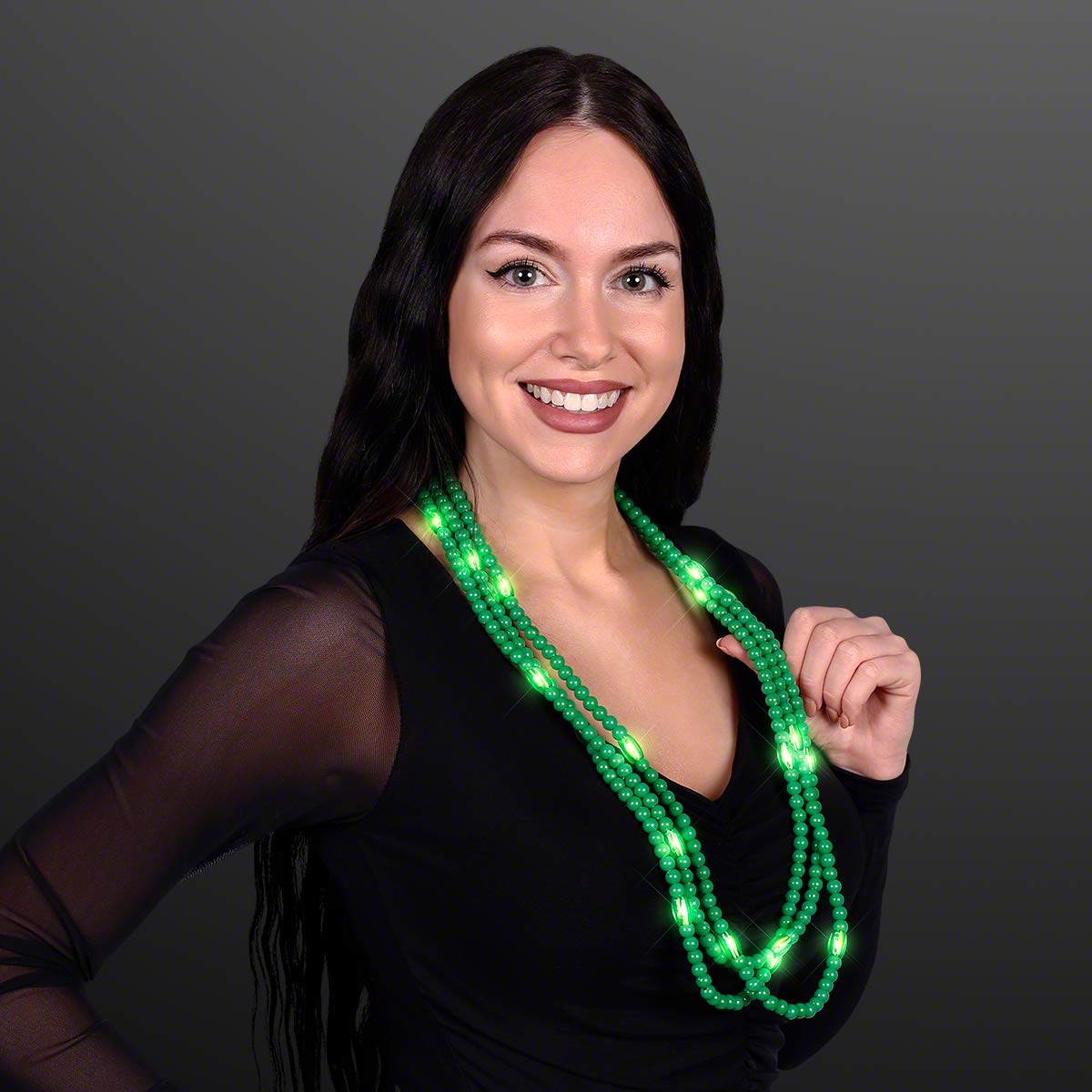 FlashingBlinkyLights Green Beads Light Up Necklace with Steady LED Light