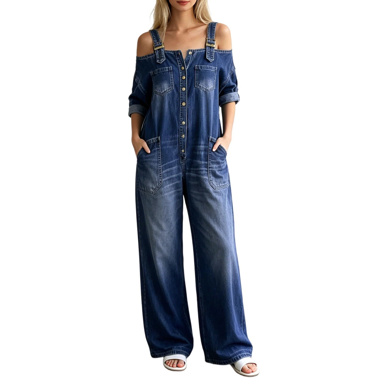 Peto vaquero para mujer, estilo vintage, con hombros descubiertos, de una pieza, de pierna ancha, mono vaquero desgastado, cómodo pantalón vaquero, pantalón de pierna recta, con tirantes