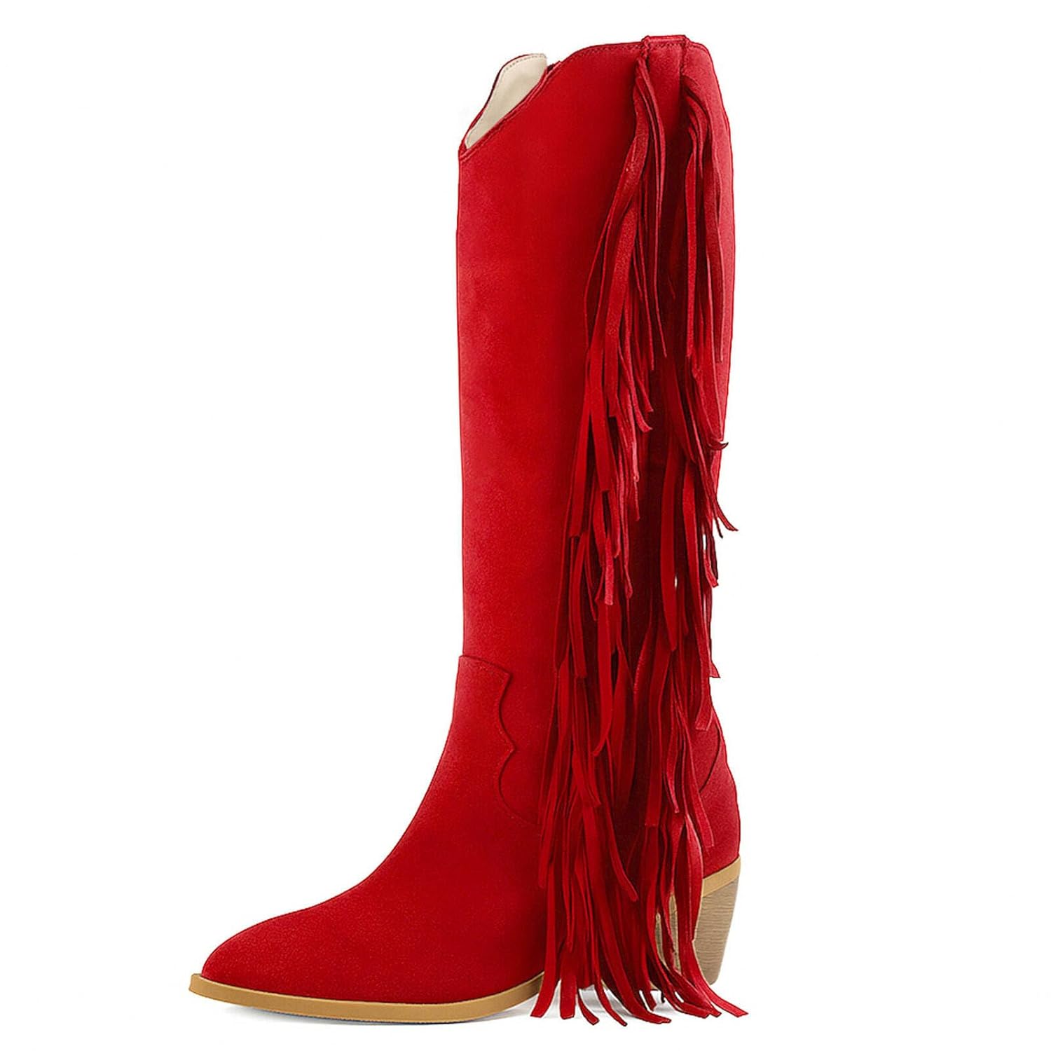 KiutSymo Cowgirl Fringe Boots For Women White Tassels Cowboy Boots Knee High Pointed Toe Western Boots