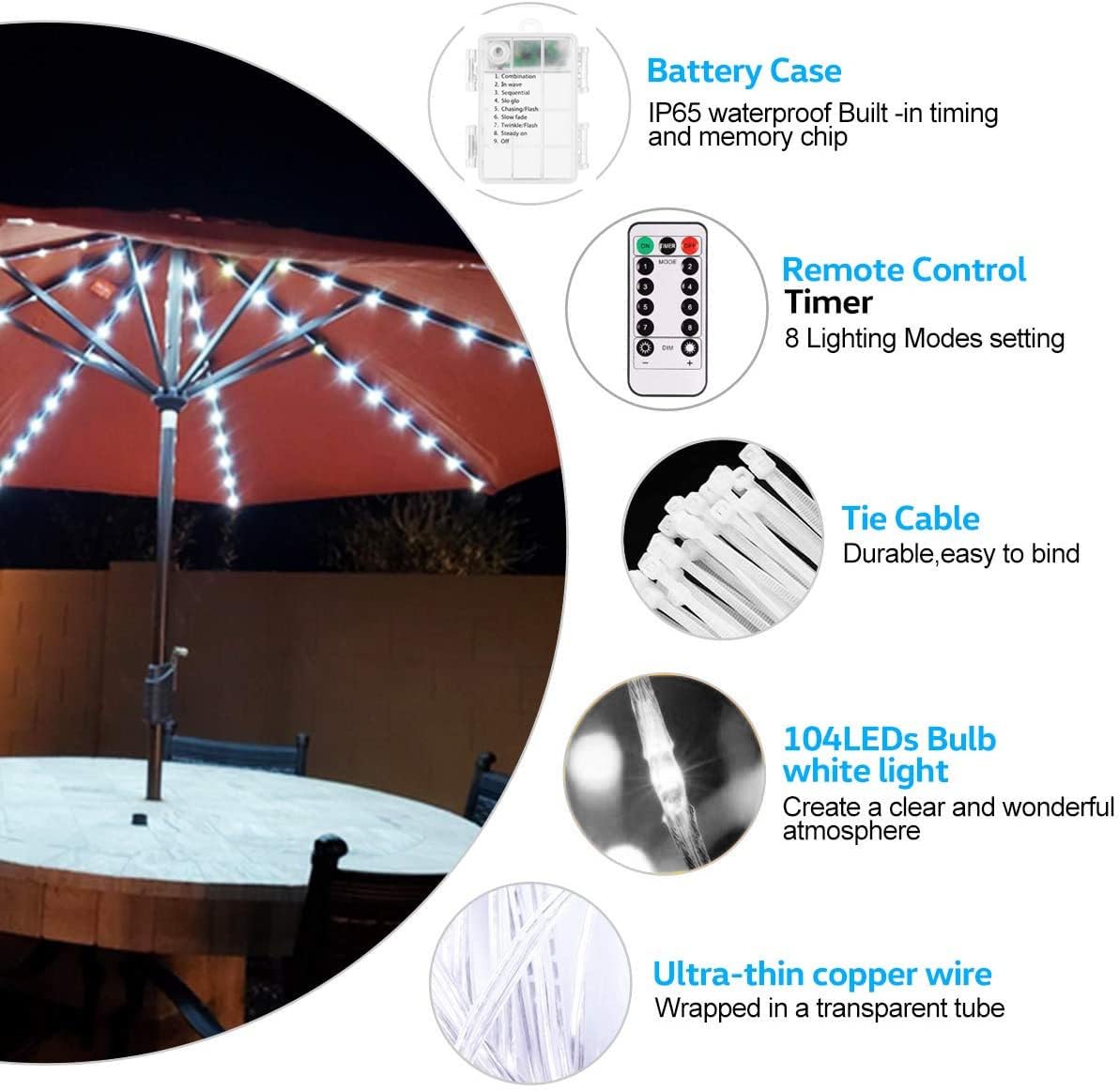 KINGCOO - Striscia di luci per ombrellone da patio, impermeabile, 104 LED, telecomando, 8 modalità, funzionamento a batteria, luci decorative per esterni, patio, ombrelloni e tende da campeggio