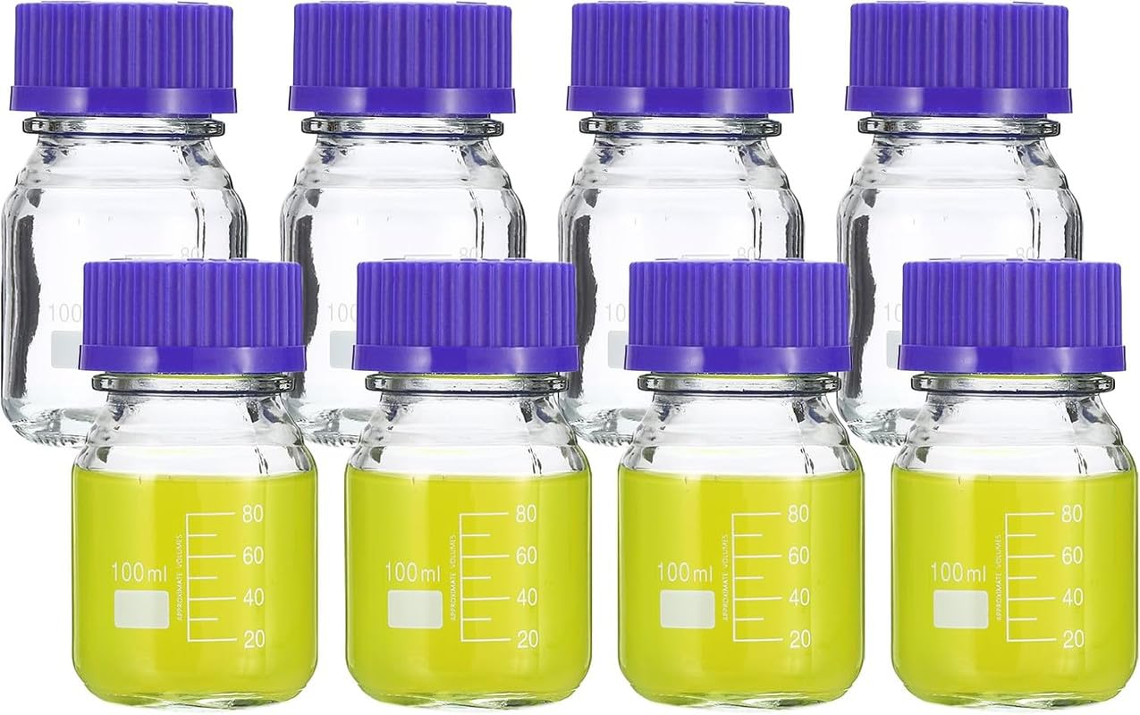 Salco 8 Pack Reagent Media Storage Bottles, 100ml Borosilicate Glass Graduated Round Bottles with GL45 Blue Screw Cap for Lab Water Reagent Liquids, Clear-image-14