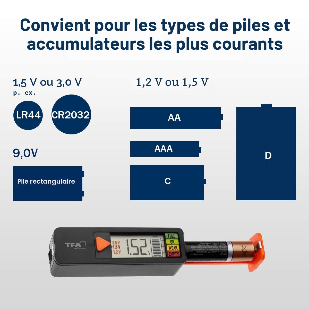 TFA Dostmann BatteryCheck testeur universel piles AAA AA C D 9V