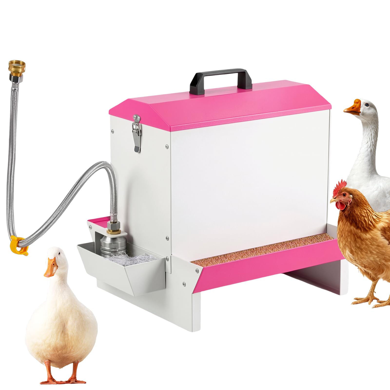 Alimentador automático 2 en 1 para aves de corral, comedero de metal por gravedad con bebedero, bandeja de alimentación de doble cara para pollos, patos, gansos, portátil con mango y candado