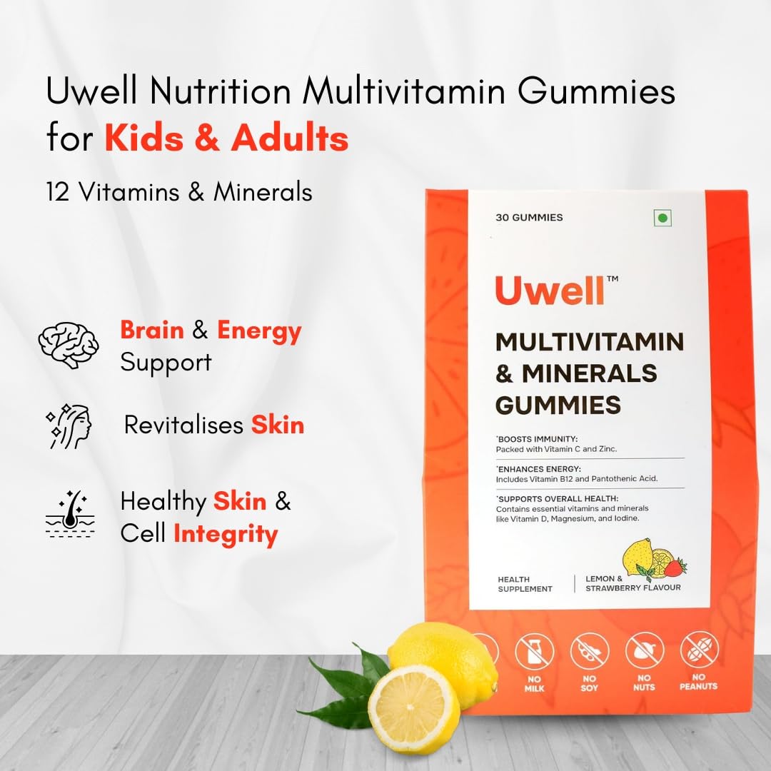 Uwell Nutrition Multivitamin Gums for children and adults | 12 Daily vitamin supplements with essential nutrients - supports immunity, bone and energy. Lemon and Strawberry | Glass free | 30 count Uwell Nutrition Multivitamin Gums for children and adults | 12 Daily vitamin supplements with essential nutrients - supports immunity, bone and energy. Lemon and Strawberry | Glass free | 30 count