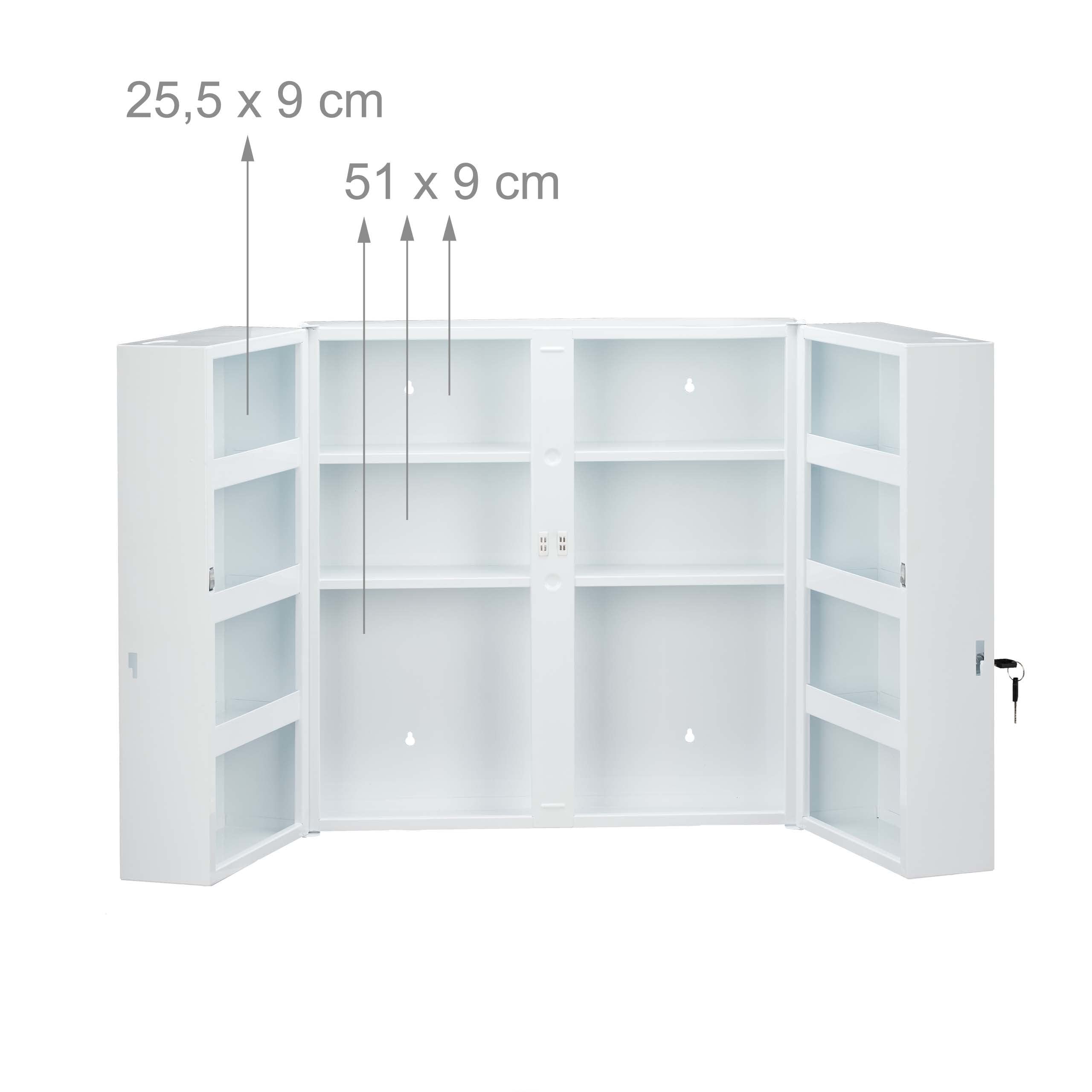 Relaxdays Armadietto Porta Medicinali, 2 Ante, per Medicine, 11 Scomparti, Richiudibile, 53,5 x 53 x 19 cm, Bianco Rosso