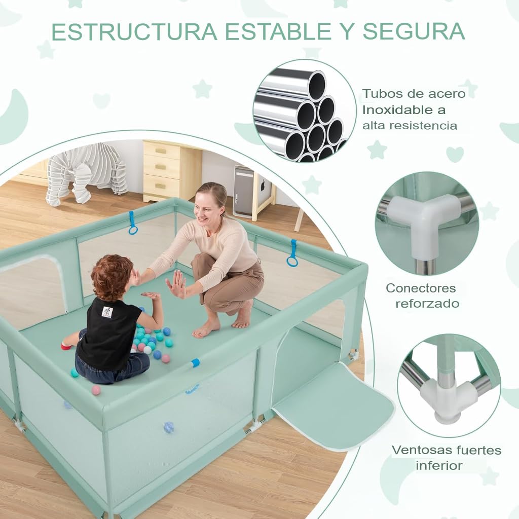 GOPLUS Parque para Bebés, Parque de juegos para Niños con Malla Transpirable, 4 Anillas, Bolas Oceánicas, Barrera para Bebé con Puerta, Centro de Actividades Interior para Niños, 180 x 200 cm (Verde)