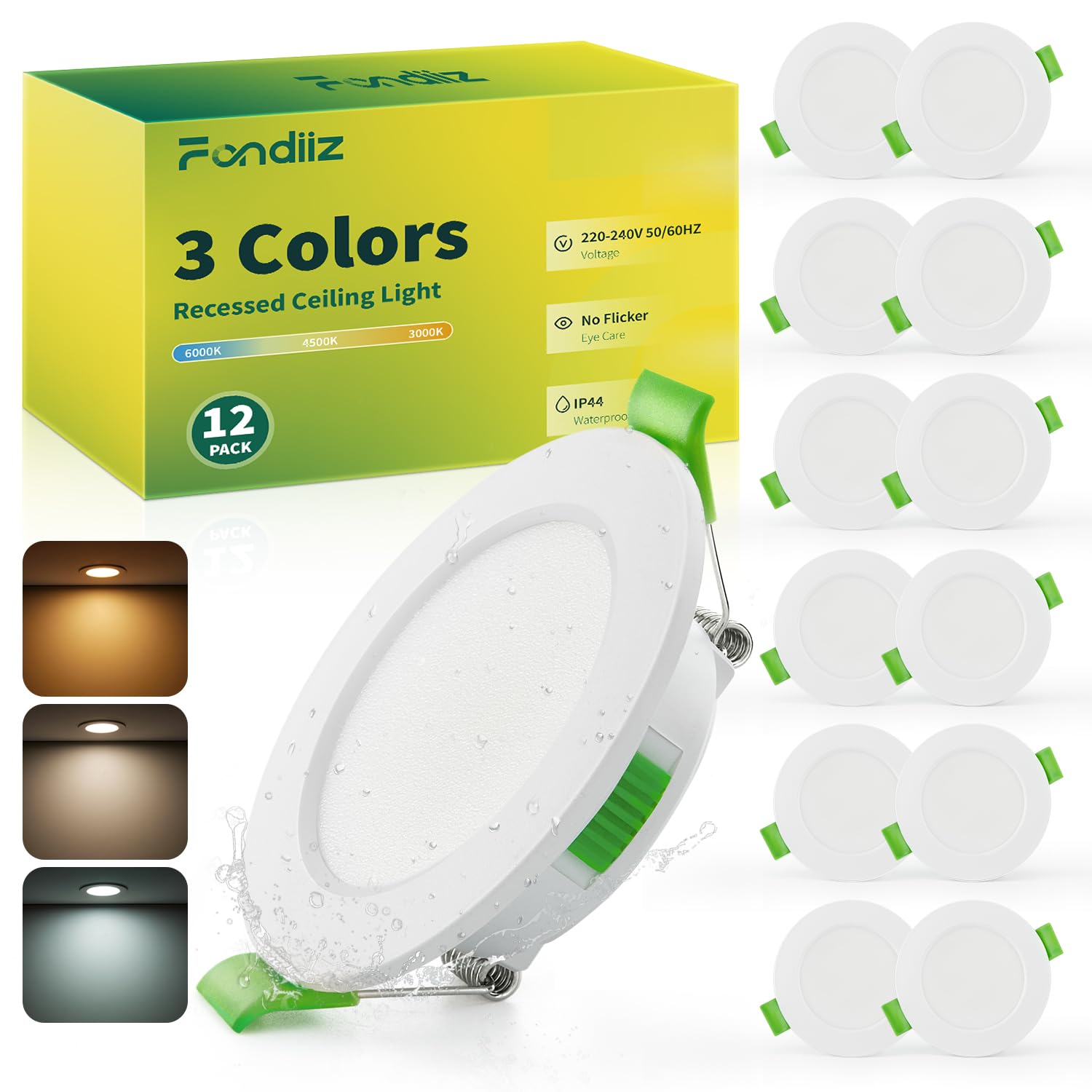 Fondiiz 12er LED Spots 230V, 3.5W 340LM Einbaustrahler LED 55mm - 68mm Lochmaß, Spots Deckenleuchte 3000K Warmweiß 4500K Neutralweiß 6000K Kaltweiß, IP44 Deckenspots Ultra Flach für Badezimmer Küche