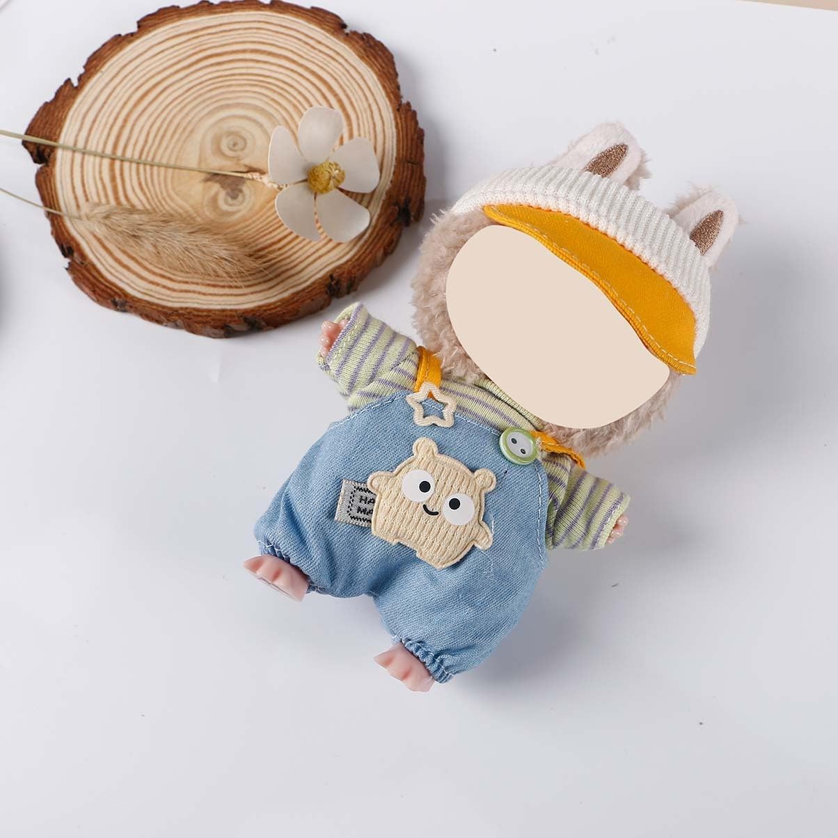 Compatible with Labubu 15cm/17cm (NO Doll) - Cream Knit Cap + Green Striped Top + Bear-Patch Denim Overalls Set, Doll Outfit Accessories
