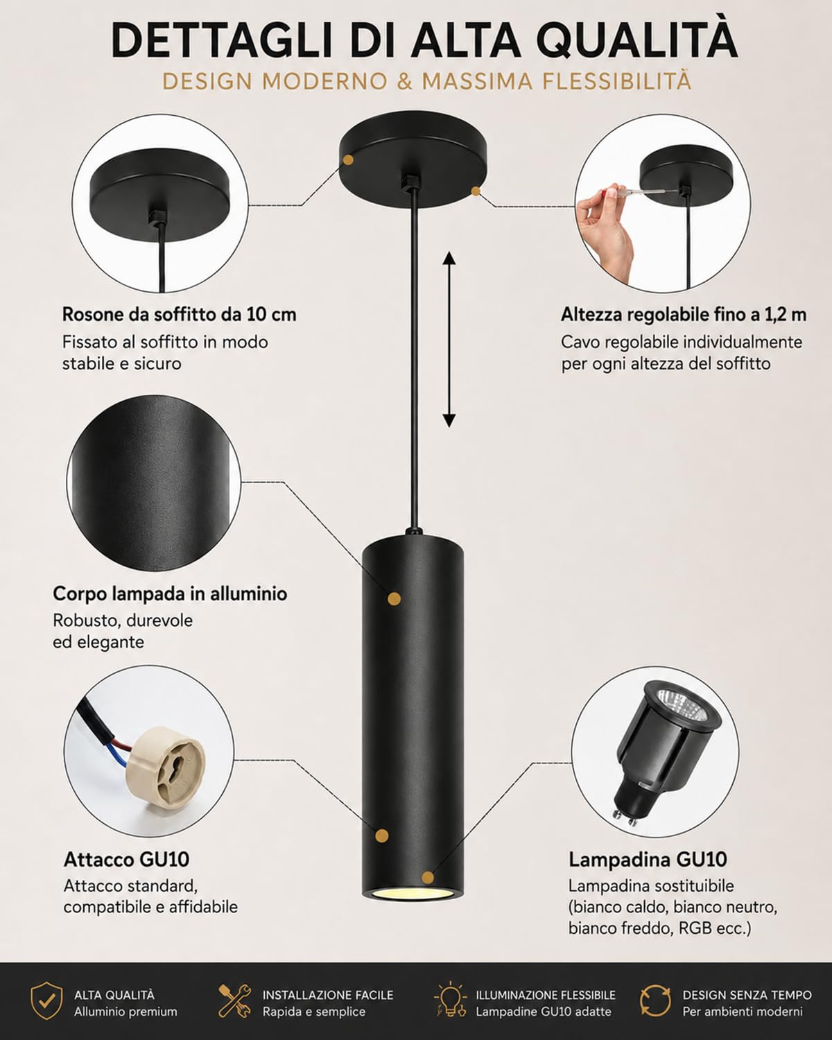 ACMHNC Lampada a Sospensione GU10, Lampada a Sospensione Nero Moderno per Cucina Camera da Letto Comodino, 10W Lampadario Cilindro Regolabile in Altezza 120cm, 3000/4000/6000K, 6x30 cm
