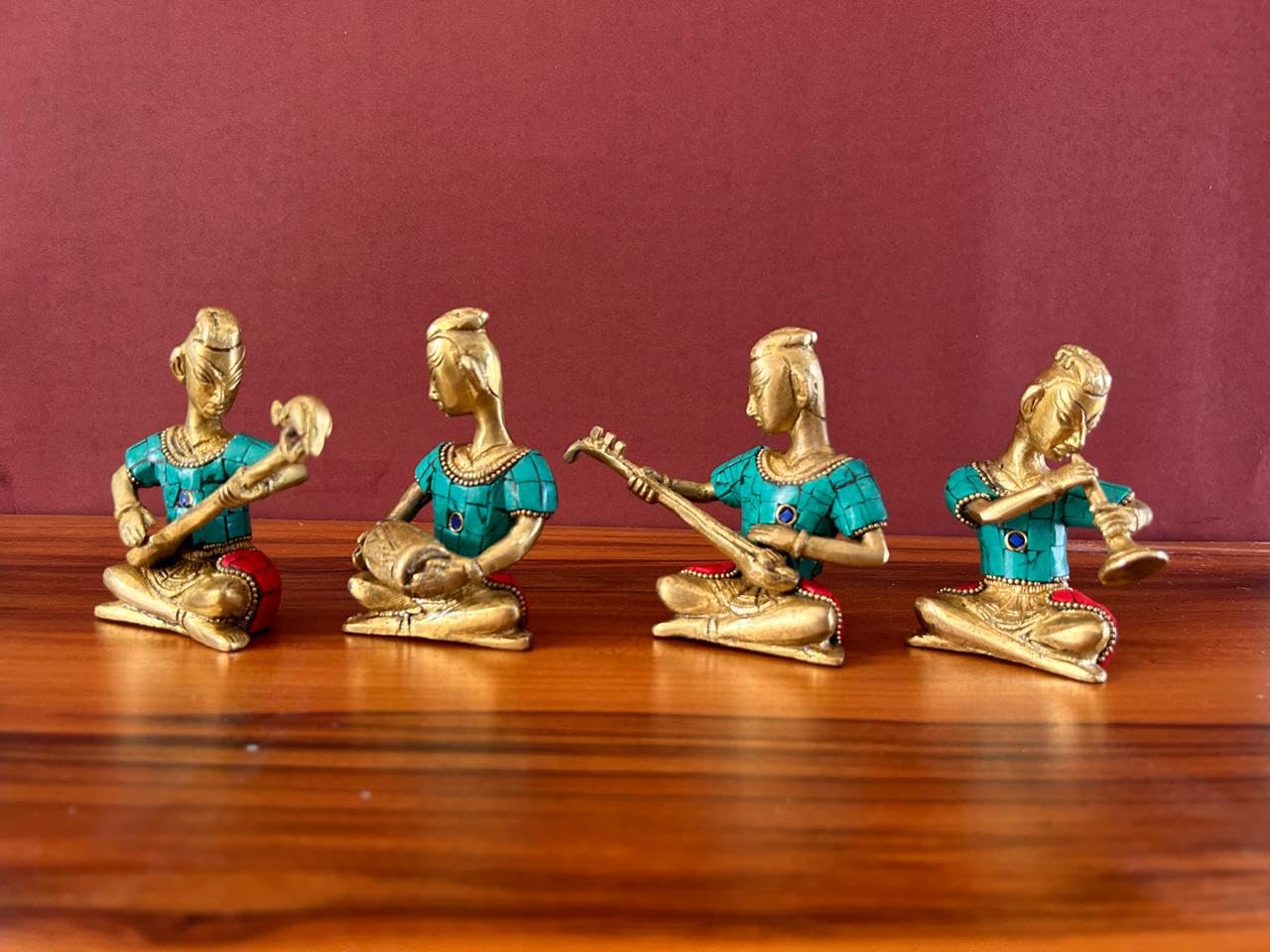 Joyful - Set musicale in ottone con lavorazione in pietra, 4 pezzi, collezione di idoli musicisti per matrimonio, regalo di nozze, set musicista in ottone, 11,4 cm, decorazione per la casa