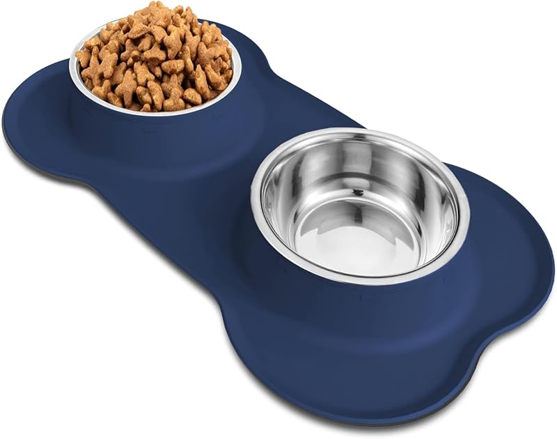 Potes para Cães e Gatos AsFrost em Aço Inoxidável com Tapete de Silicone Antiderrapante Azul, Conjunto com 2
