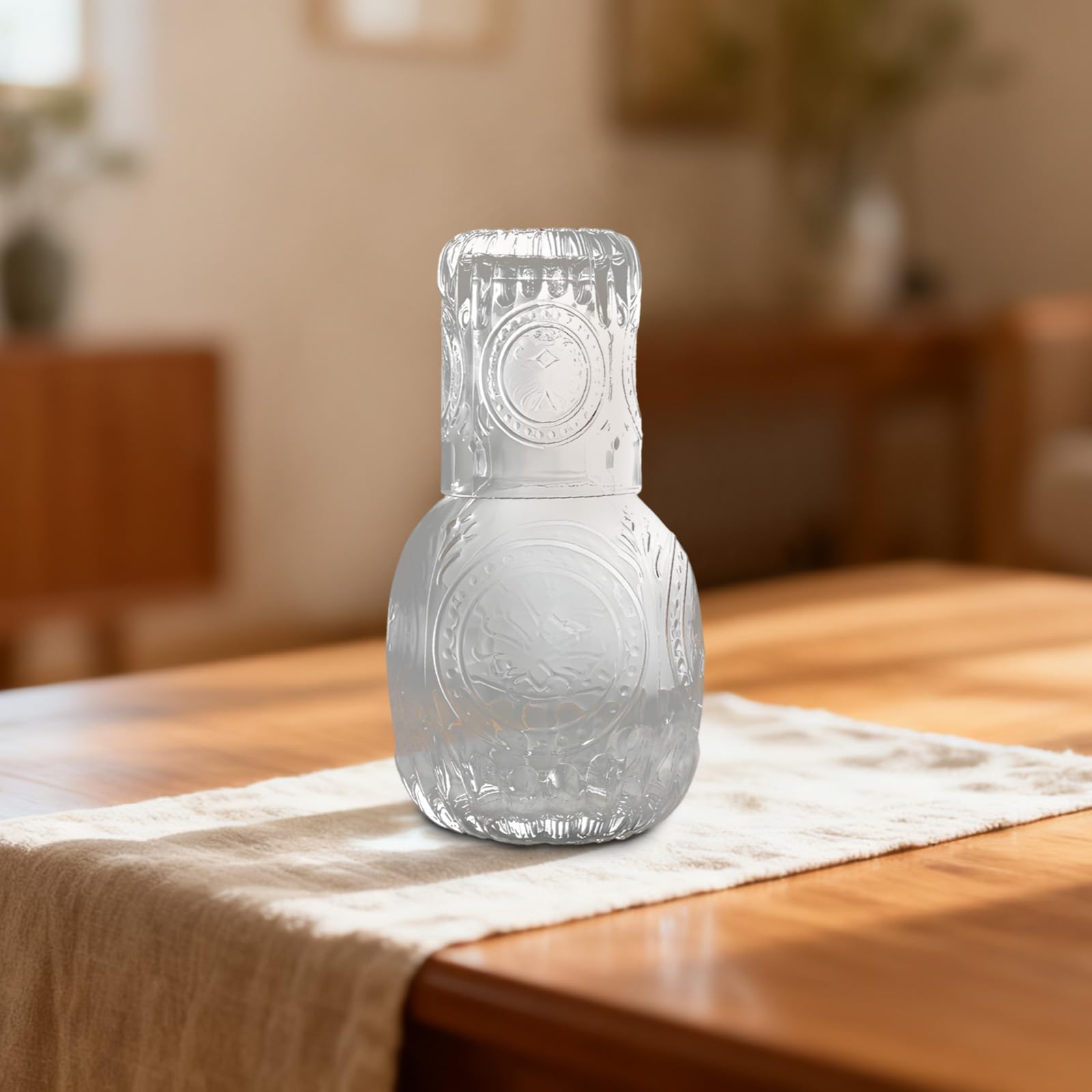Wasserkaraffe und Glas-Set, geprägte Glaskaraffe 8,5 Zoll, 215 mm, handwerkliche Verarbeitung, ästhetisches Wasserkrug-Set, Wasserkaraffe für den Nachttisch, klar