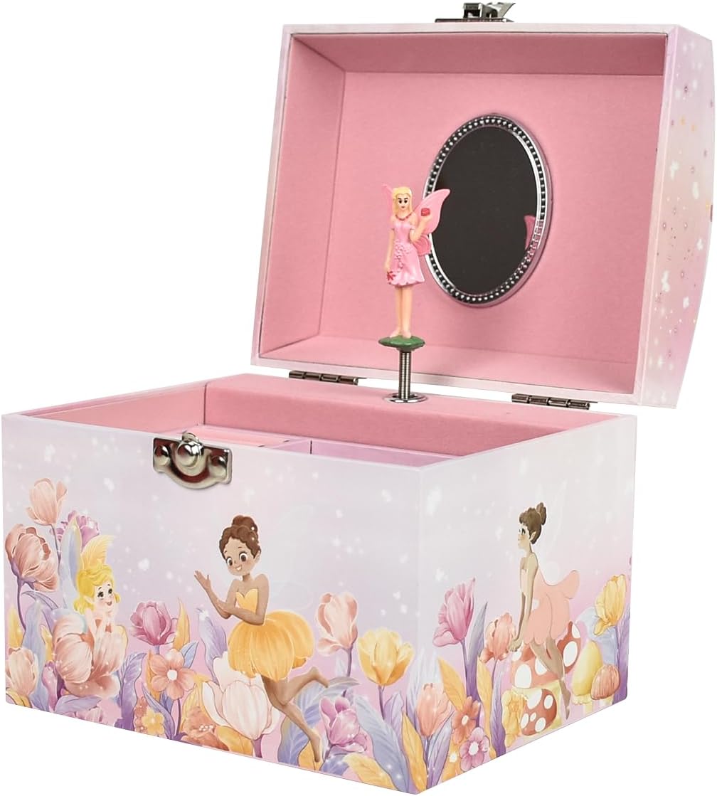 Personalized Fairy Jewelry Box for Girls with Pearl Handle - 6.65x5.12x5.51 Inches Wooden Musical Jewelry Box for Little Girls, Toddler music box with Rotating Fairy & Flower Prints.