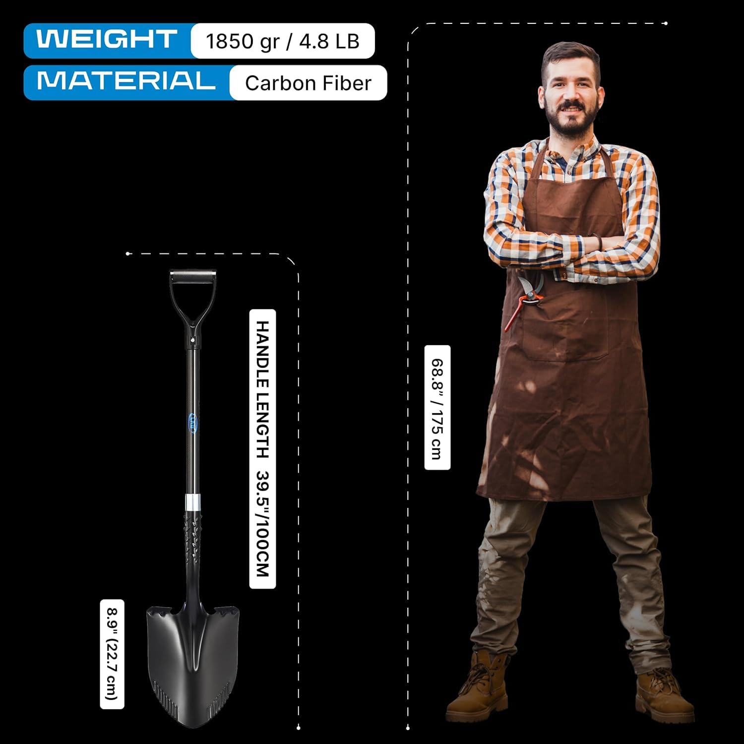 CKG Pala da giardino in carbonio per scavare 100 cm, resistente pala da giardinaggio con lama rotonda e comoda pala a D per giardinaggio, paesaggistica, costruzione, lama rotonda