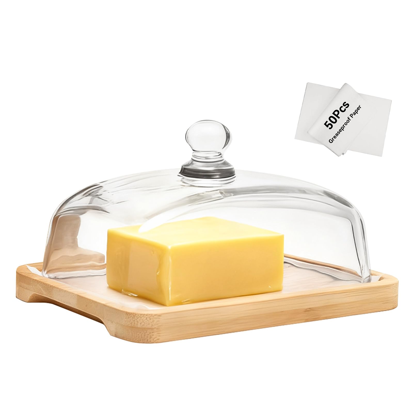 Butter Dish with Glass Lid, Includes 50 Greaseproof Paper Sheets