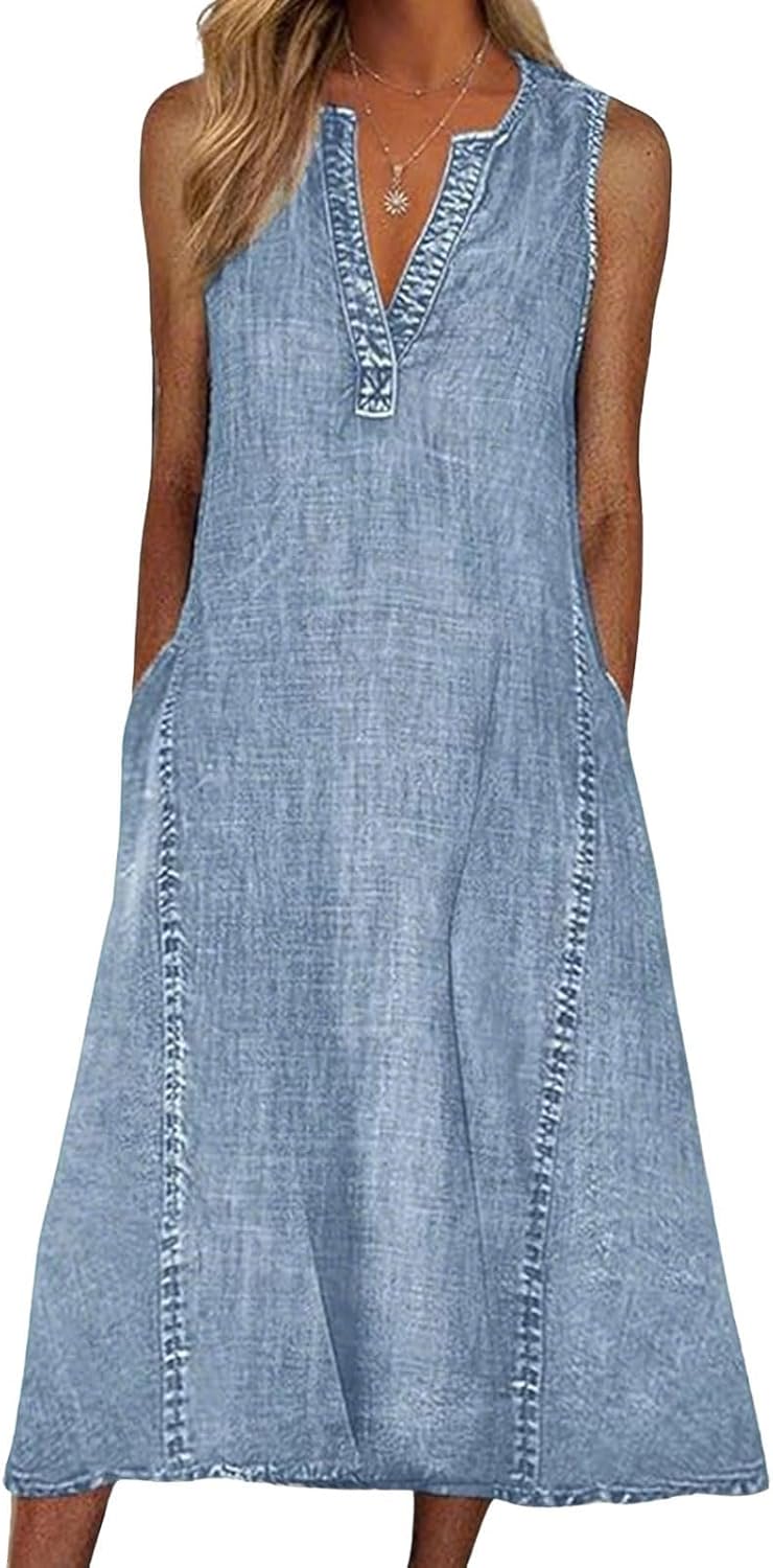 loveimgs Women Summer Sleeveless Denim Midi Dress Jean Jumper A Line Tunic Sundress Western Long Shift Tank Dress 2025
