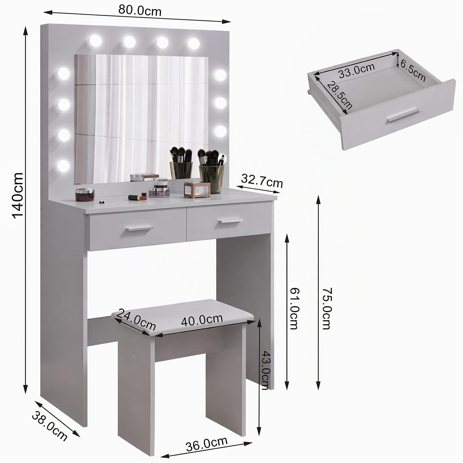 Jooli H Toeletta Trucco con 12 Luci LED Hollywood, Tavolo da Trucco Moderno con Specchio, Sgabello e 2 Cassetti, 80x40x140cm (Grigio)