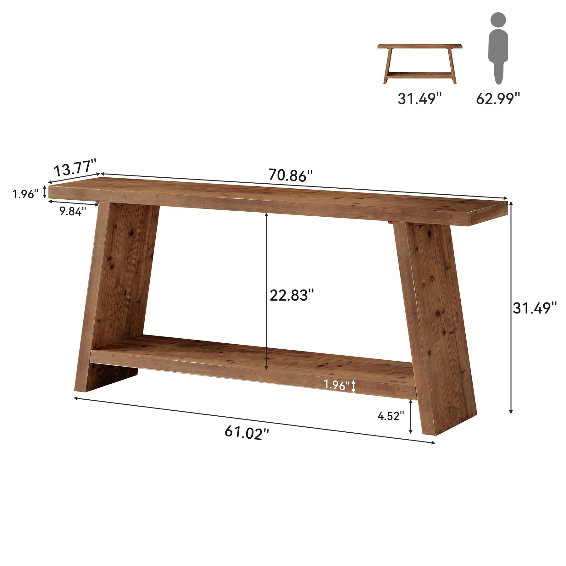 Consola de Madera Maciza 160 cm Marrón, Mesa de Entrada Estrecha con 2 Estantes, para Pasillo, Salón o Detrás del Sofá, Estilo Granjero Vintage