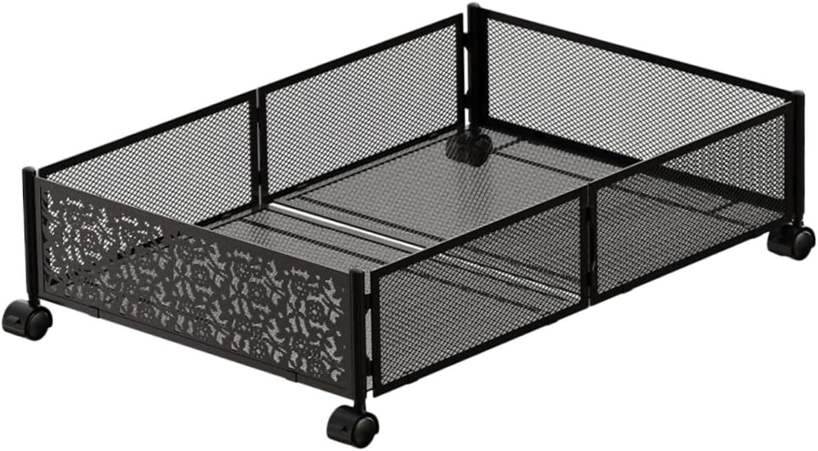 Bed Storage Rack Foldable Metal Clothes Organizer Drawer with Patterned Design Black, Space-saving Storage for Small Bedrooms under Sofa