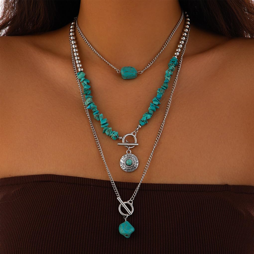 Boho Western Necklaces for Women Vintage Turquoise Beaded Layered Necklaces Cowboy Hat Cow Head Pendant Necklace Set Cowgirl Jewelry Accessories - Image 3