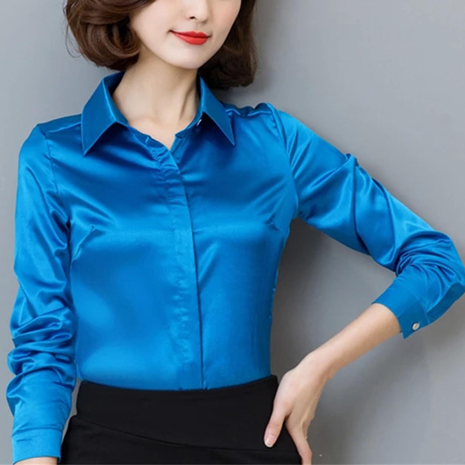Camisa de seda satinada para mujer, de manga larga, elegante, para el trabajo, color blanco, azul y negro