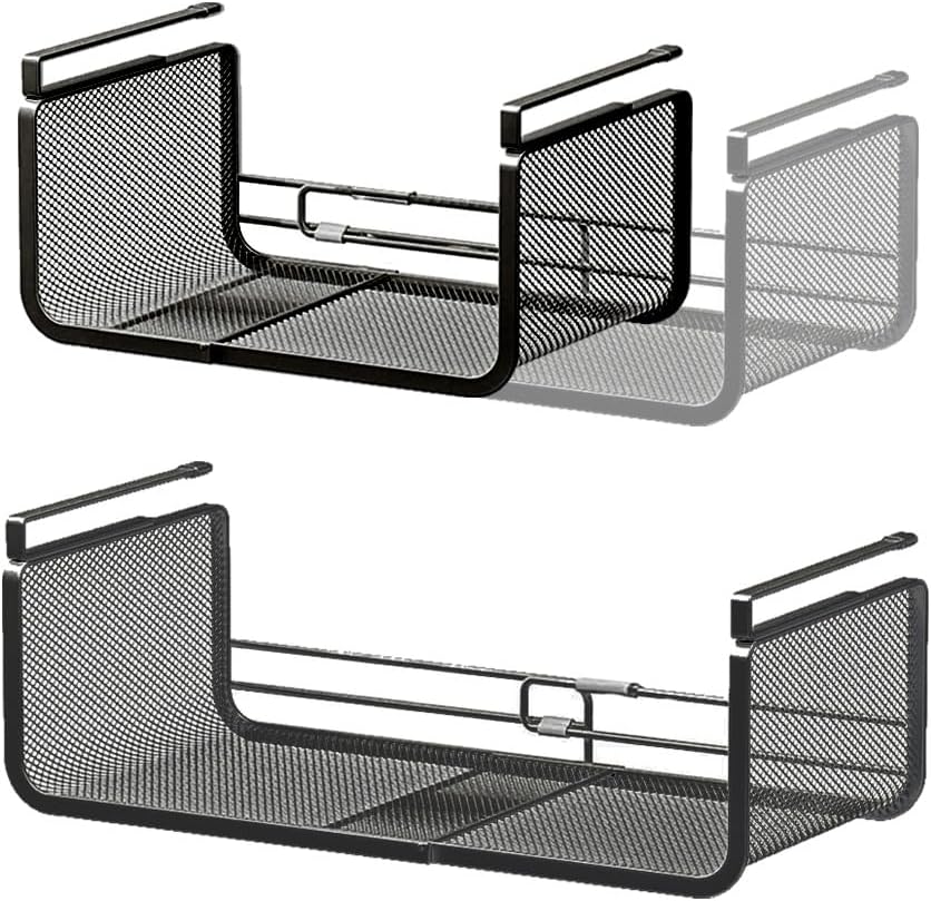 Expandable Under Shelf Basket Organizer, Under Shelf Storage, Hanging Baskets Under Cabinet for Pantry Kitchen Cupboard Desk Counter Bookshelf Space Saver Heavy Duty Slide-in (Black, 2 Pack)