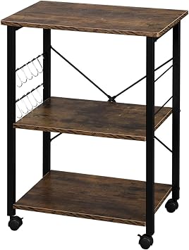 Industrial Kitchen Cart 3-Tier, Rolling Serving Cart on Wheels with Storage, Microwave Storage Cart Workstation Shelf Brown