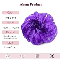 Vista 3 de 1 pieza de pelo desordenado de moño para mujeres y niñas, extensiones de cabello sintético rizado ondulado para cola de caballo, color morado y azul