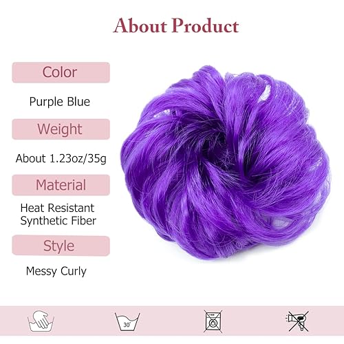 Miniatura 3 de 1 pieza de pelo desordenado de moño para mujeres y niñas, extensiones de cabello sintético rizado ondulado para cola de caballo, color morado y azul