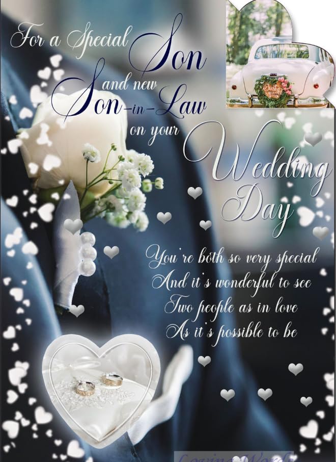 Cardigan Cards Wedding Card for Son and Son-in-Law, 3-Page Design with Classic Car and Rings Theme, Elegant Wedding Day Greeting Card with Heartfelt Verse and Envelope
