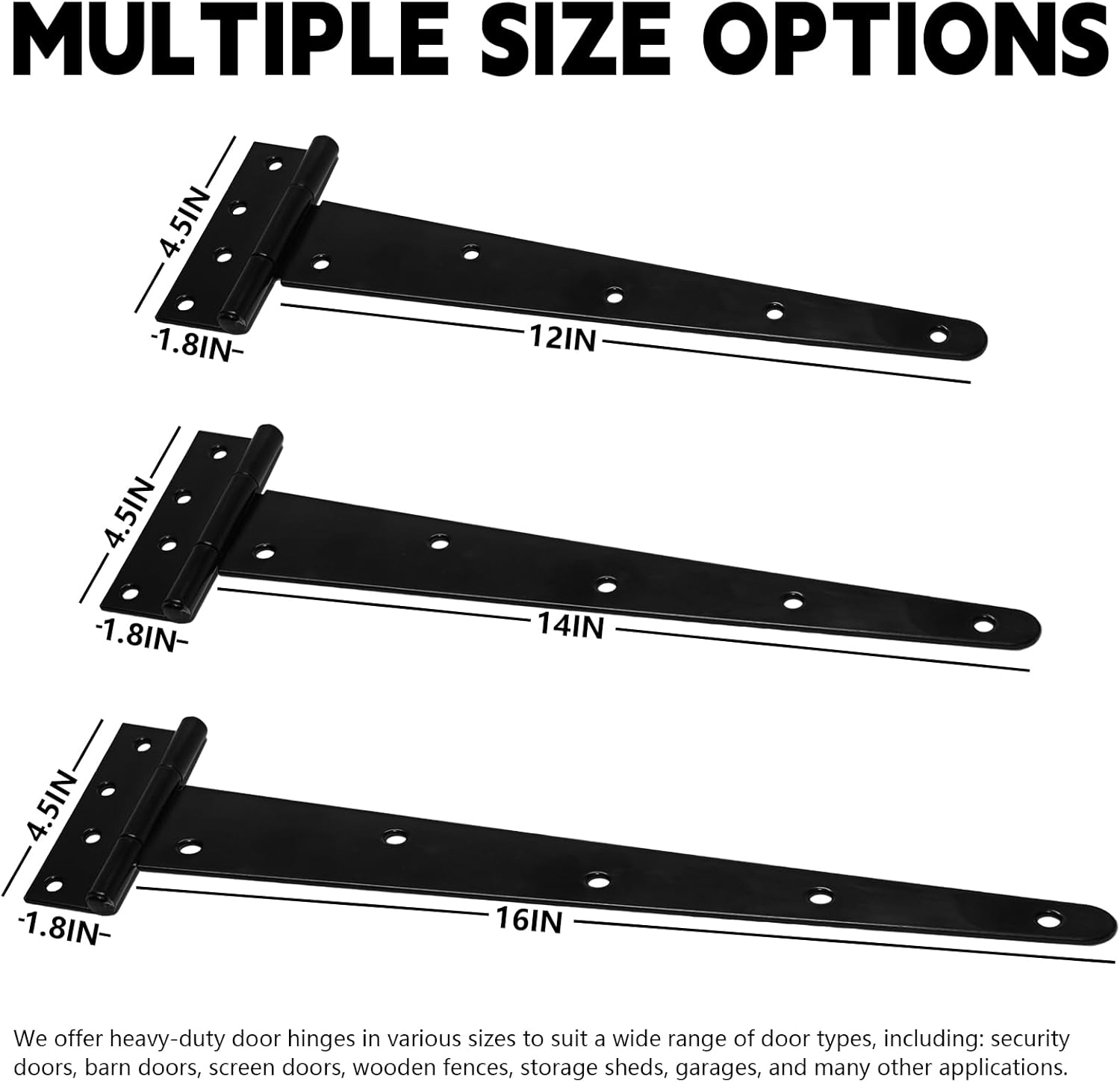 4Pcs 12-Inch Heavy-Duty Door Hinges, Rust-Resistant Heavy-Duty T-Hinges, Suitable for Shed Doors, Barn Doors, and Fence Gates, Made of Wrought Iron, Each Set Can Support 110 Pounds.