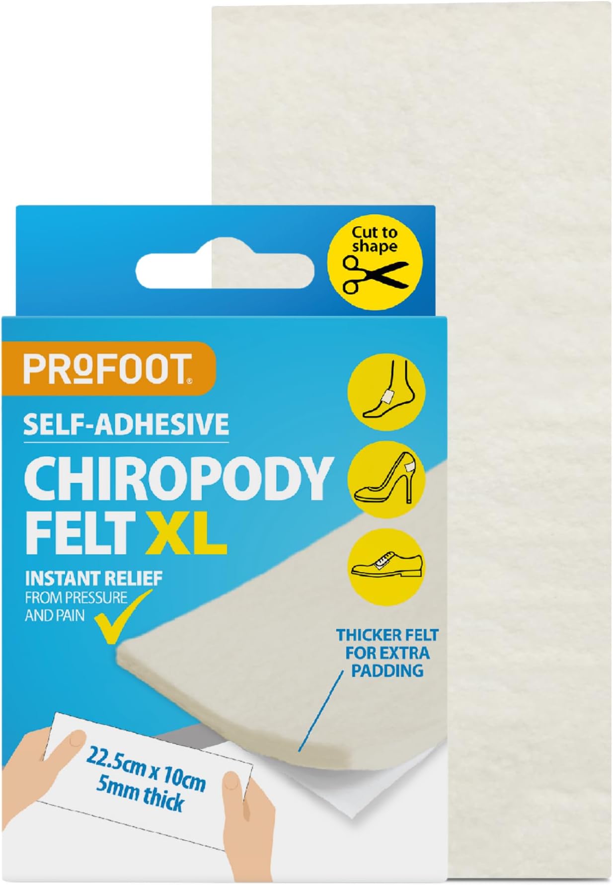 Profoot Chiropody Felt XL, Self-Adhensive Padding for Foot Pain, 22.5 x 10cm, Provides Instant Relief from Pressure, Ideal for Blisters, Bunions, Calluses & Discomfort, Gentle on Skin, 5mm Thick
