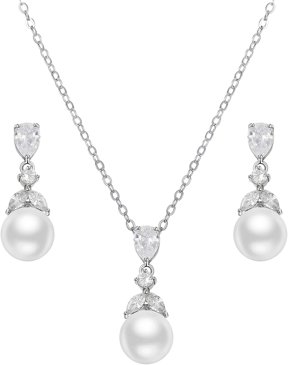 SWEETV Pearl Wedding Jewelry Set For Brides, Cubic Zirconia Wedding Necklace and Earrings Set, Elegant Bridal Jewelry Set for Women Bridesmaids Prom