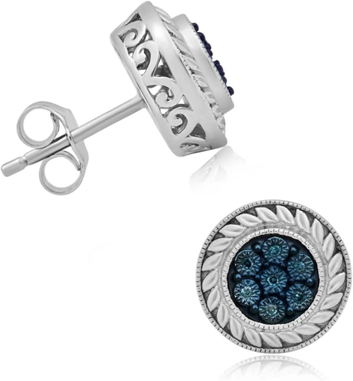 Jewelili Sterling Silver Blue, White, Champagne Diamond Accent Round Stud Earrings