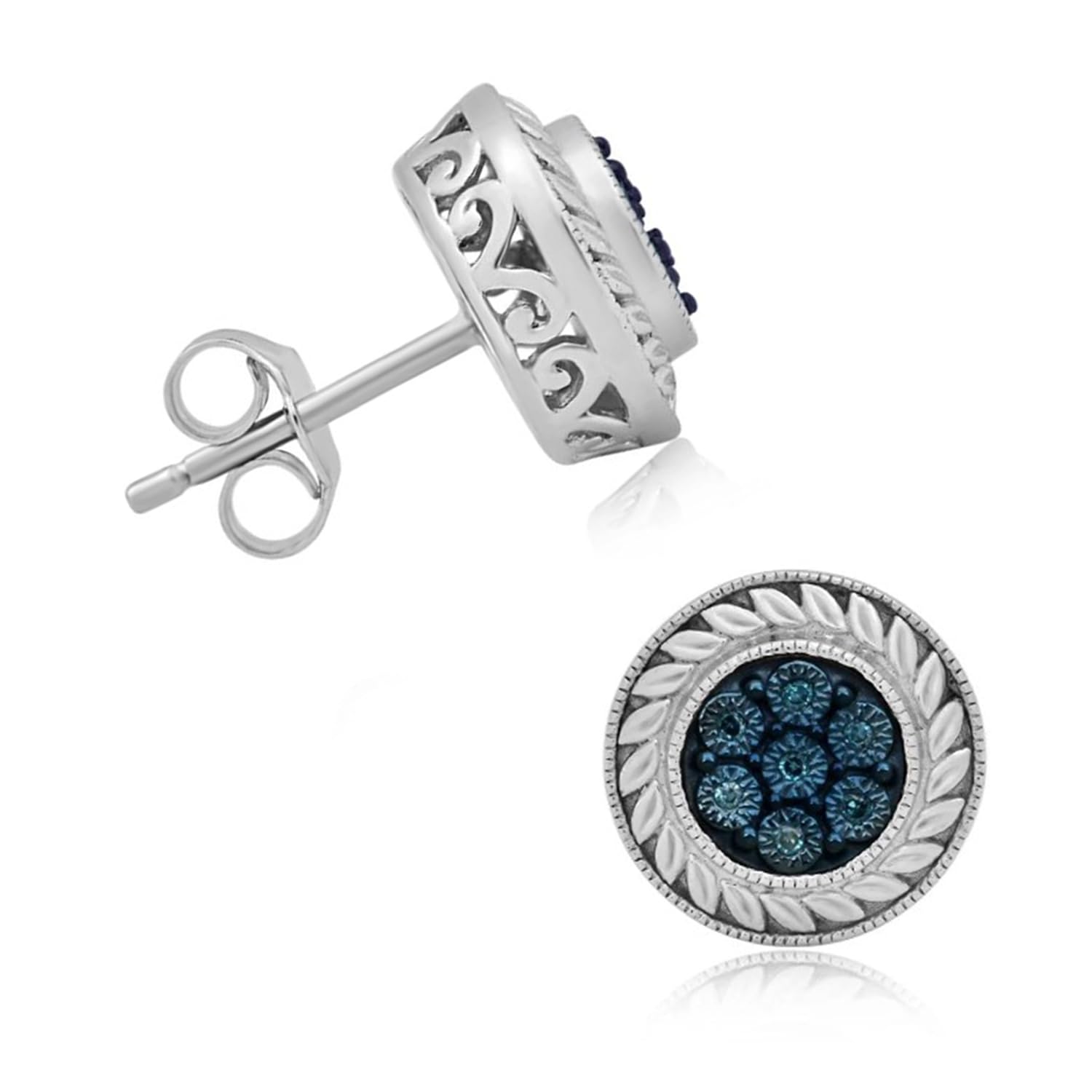 Jewelili Sterling Silver Blue, White, Champagne Diamond Accent Round Stud Earrings