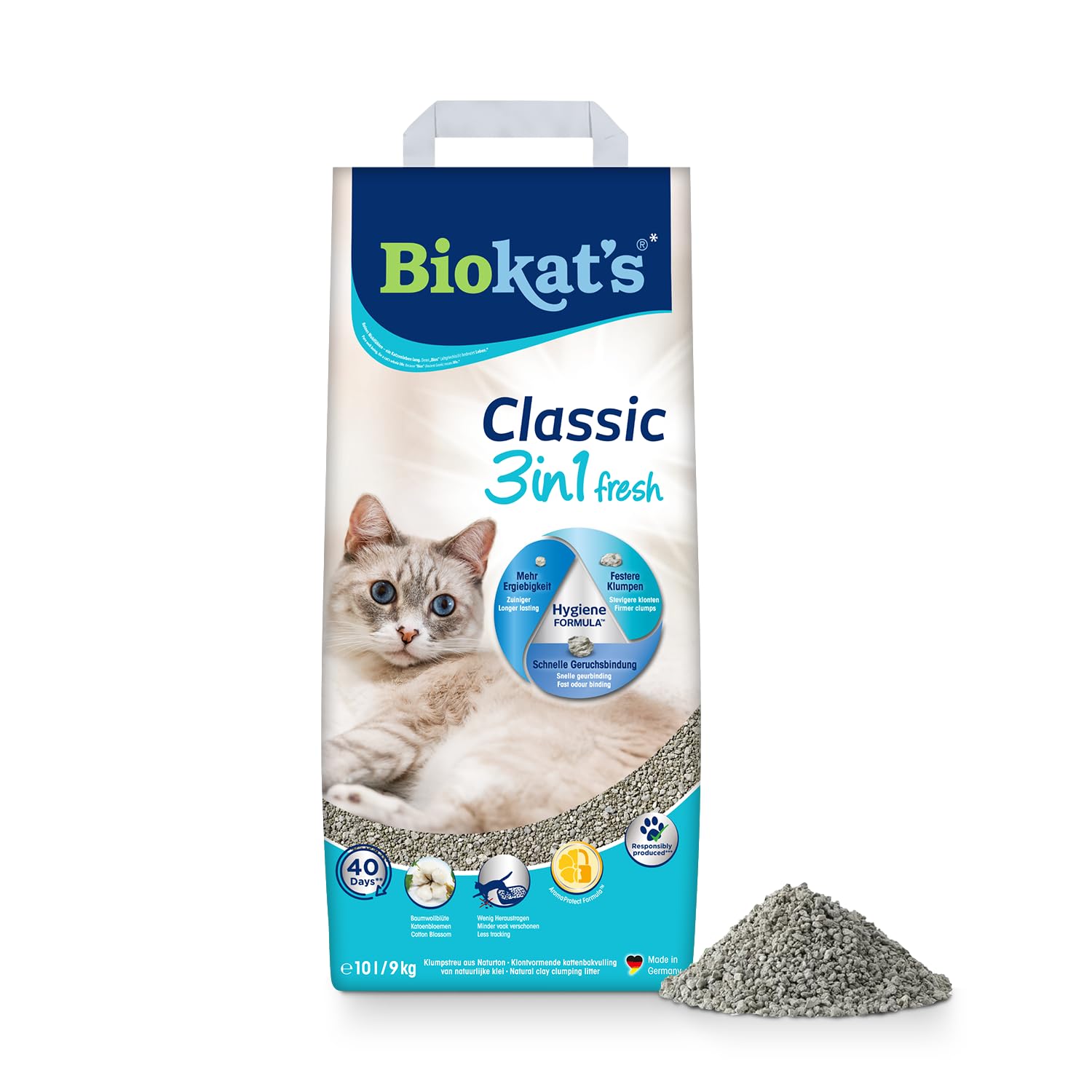 Biokat's Classic fresh 3in1 Katzenstreu mit Cotton Blossom-Duft - Klumpstreu aus Bentonit mit 3 unterschiedlichen Korngrößen - 1 Sack (1 x 10 L)