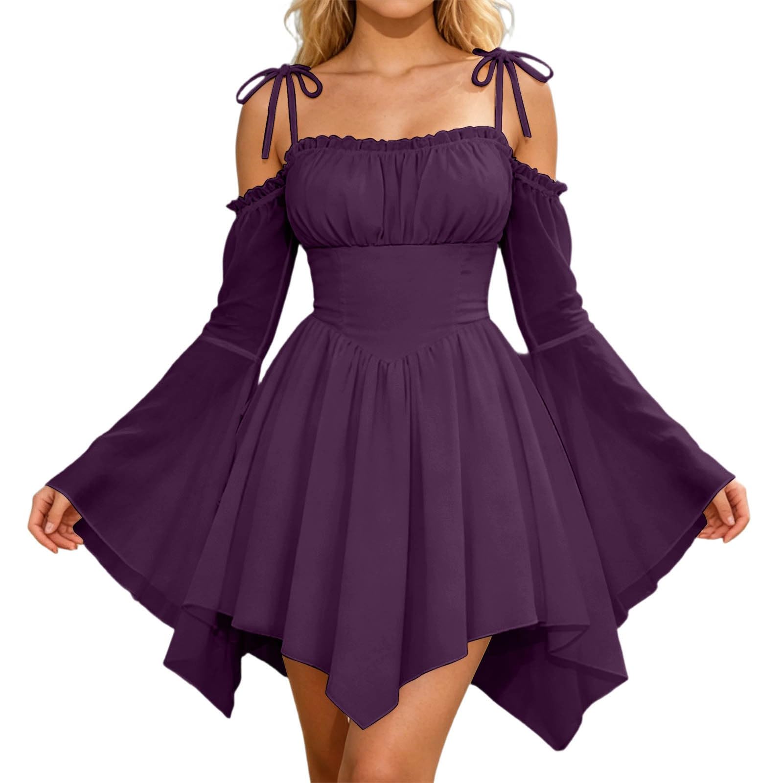 Renaissance Dress Fairy Dress Women Soft Summer Off Shoulder Halloween Costumes with Corset Design Lightweight A Line Mini Dresses Chiffon Long Sleeve for Carnival Themed Events