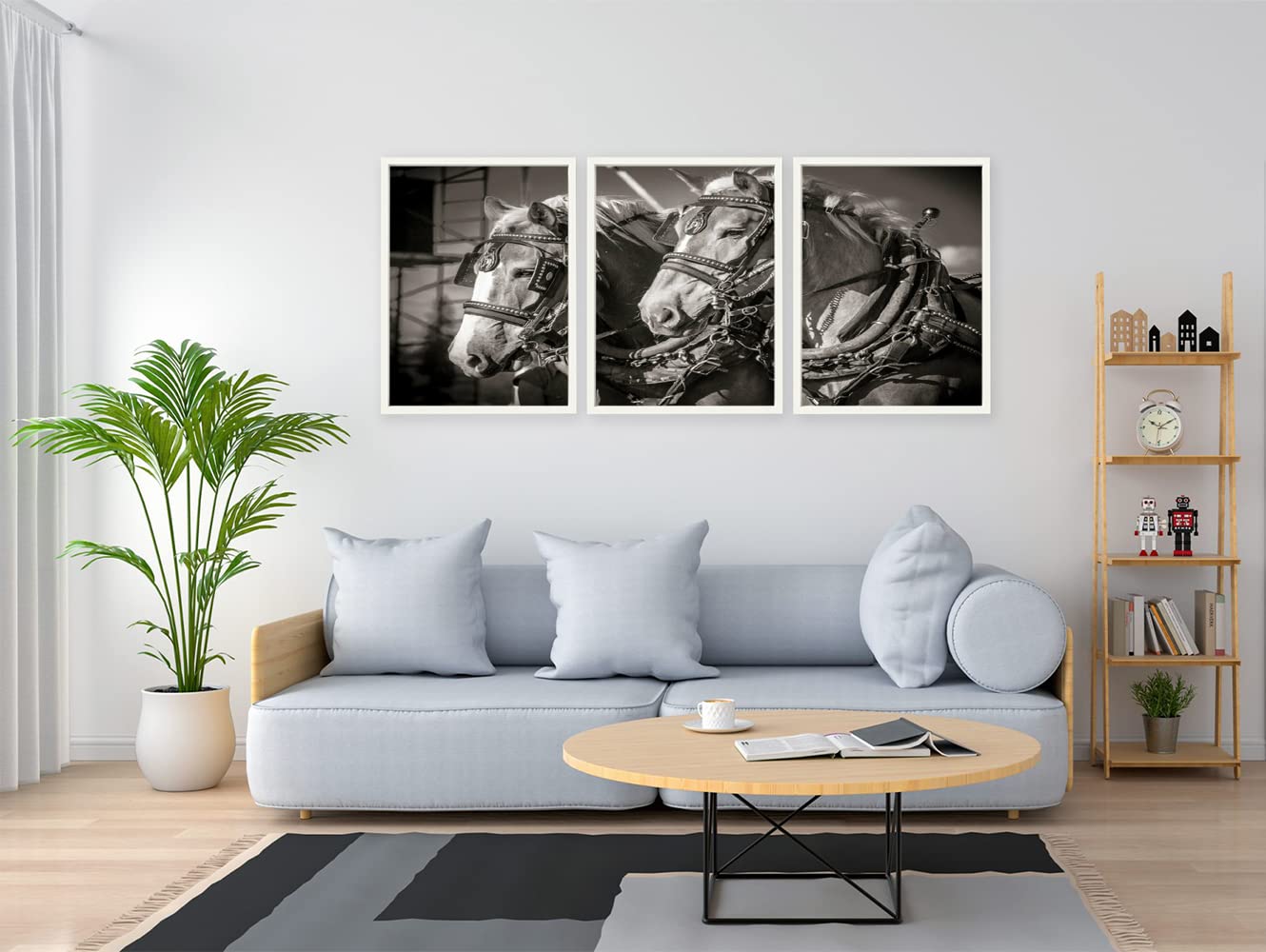VERRE ART White Floater Framed Canvas - Wall Decor for Living Room, Bedroom, Office, Hotels, Drawing Room (46in X 27in) - Draft Horses B&W
