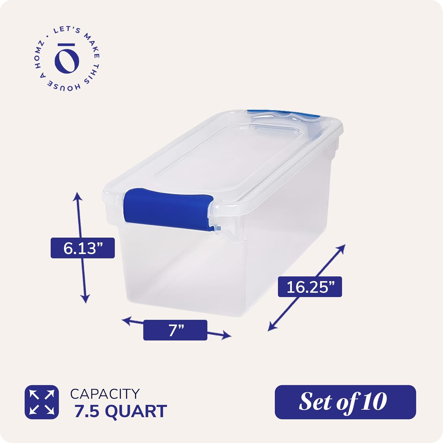 HOMZ 10-Pack Secure Latch, Clear Plastic Storage Organizer Bins, 7.5 Quart, Blue Latches - Stackable Container Boxes for Bedroom, Bathroom, Garage, and Office Organization