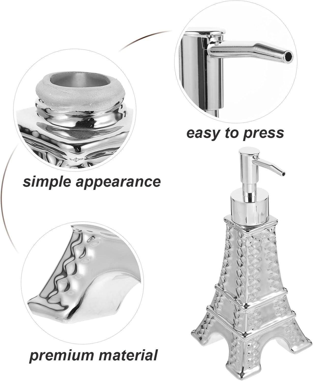 Alipis Eiffel Tower Shampoo and Shower Gel Dispenser 200Ml Silver Refillable Soap Bottle for Bathroom Decor with Pump