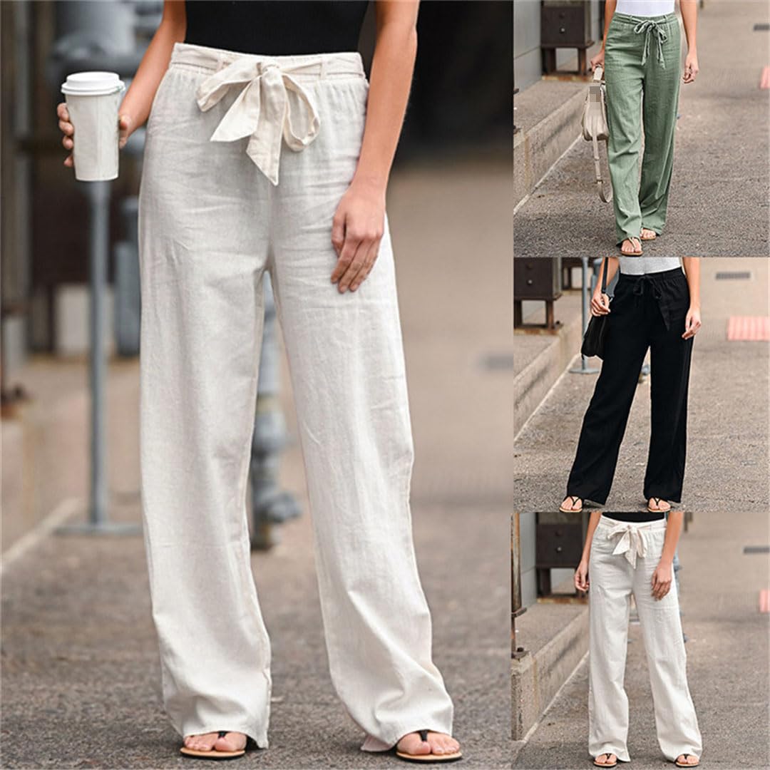 Pantalones Rectos Largos De Lino Y Algodón Informales para Mujer, Pantalones De Pierna Ancha, Pantalones De Cintura Alta