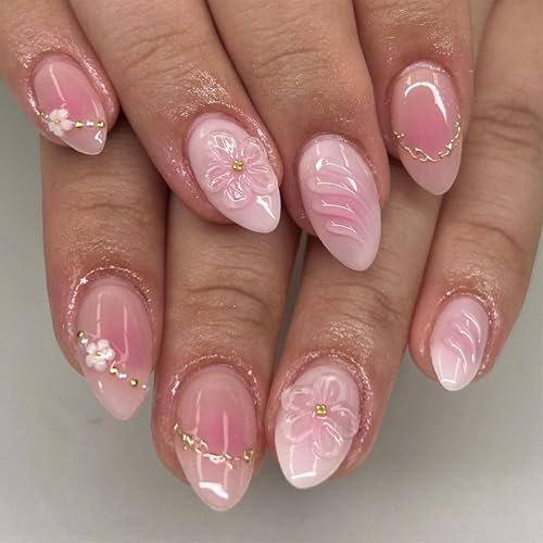 Flower Press on Nails Short Oval Fake Nails with 3D