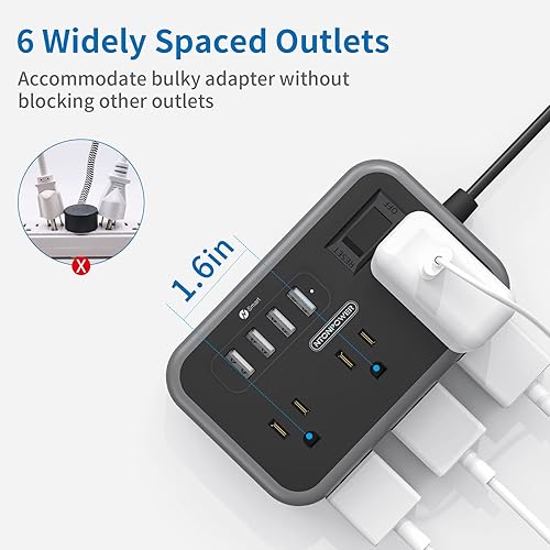 Miniatura 3 de NTONPOWER - Paquete de 2 regletas de alimentación con 6 salidas (2 lados) y 4 USB, cable de extensión de enchufe plano NTONPOWER de 5 pies,