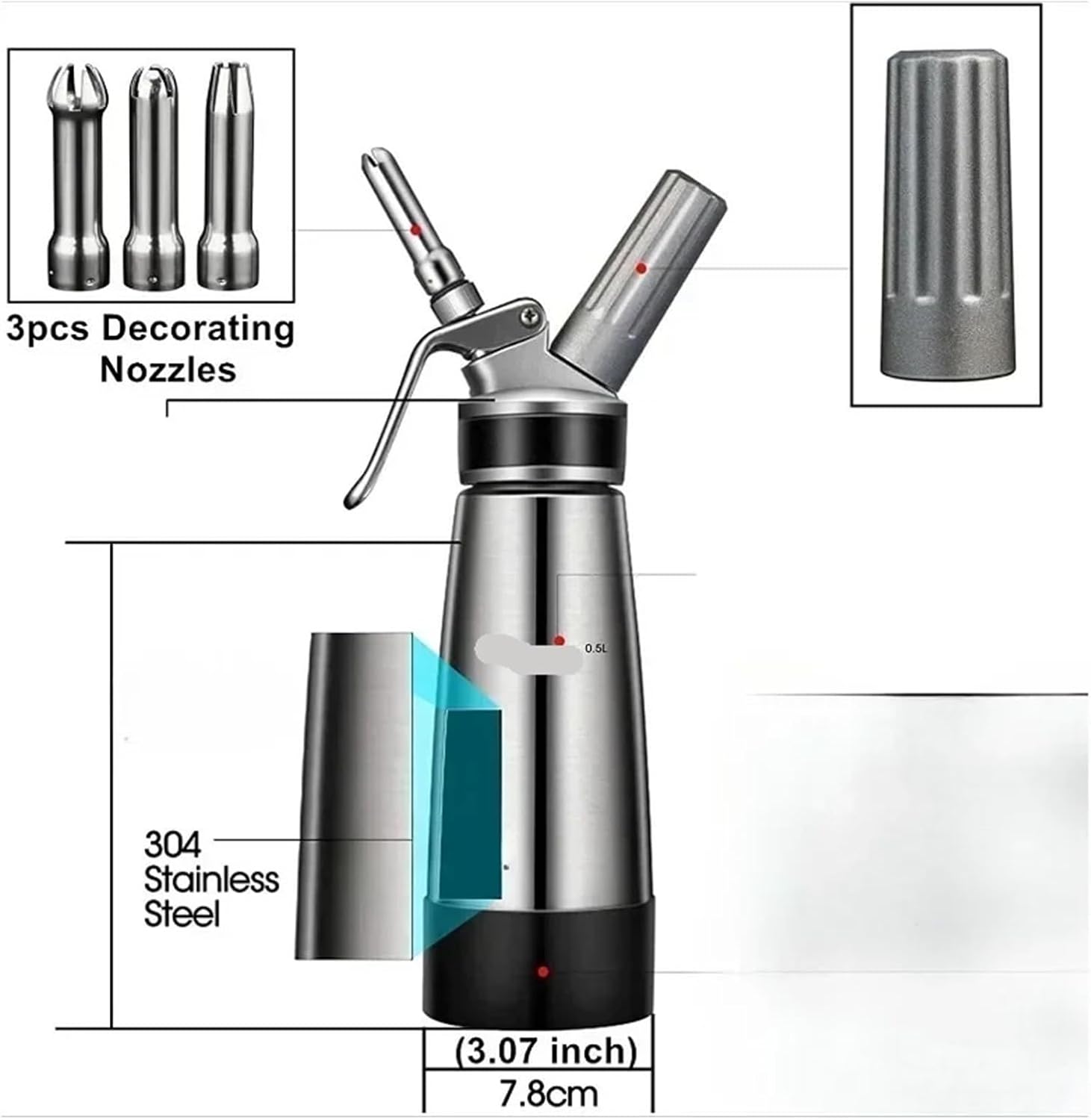 500/1000ML Cream Whipped Dispenser Whipper With Manual Nozzles Decorating For Coffee Milk Baking Accessories(1000ML)